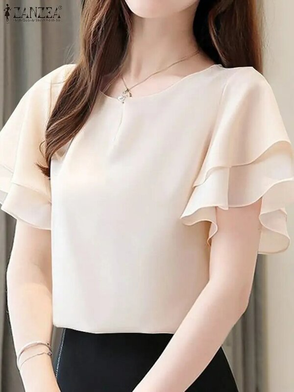 ZANZEA 한국 패션 여성 우아한 블라우스 캐주얼 O-넥 짧은 러플 소매 OL 워크 블라우스, 2024 여름 단색 튜닉 탑