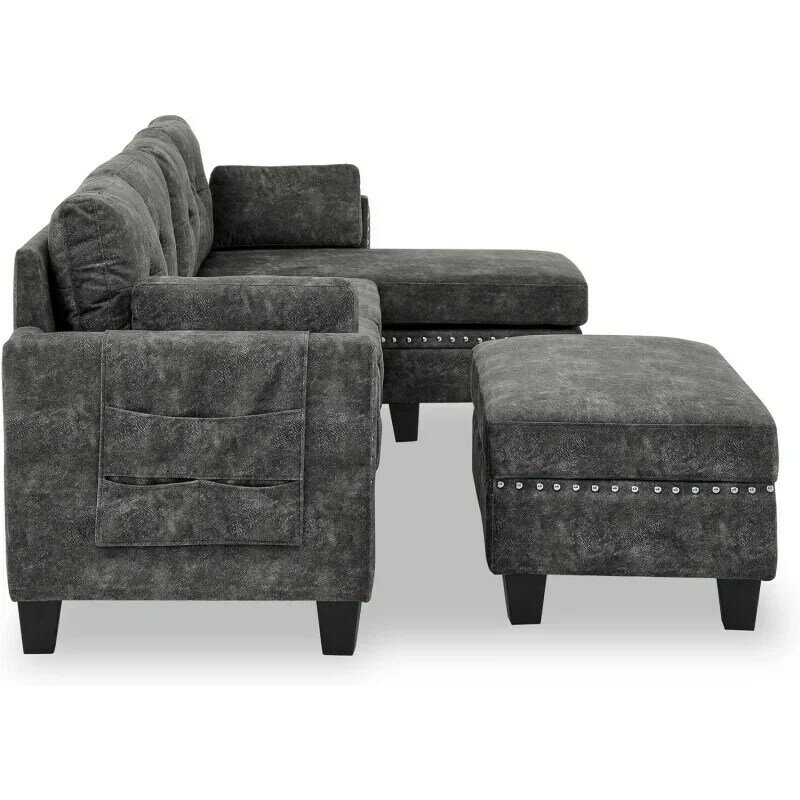 Juegos de muebles de sala de estar, sofá seccional con otomano de almacenamiento, 2 almohadas en forma de L y Chaise Reversible Extra ancho, tapizado C