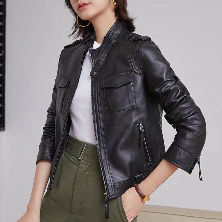 2022 Women Short Locomotive Autumn and Winter New Stand-up Collar Jacket  All-match Leather Jacket G3