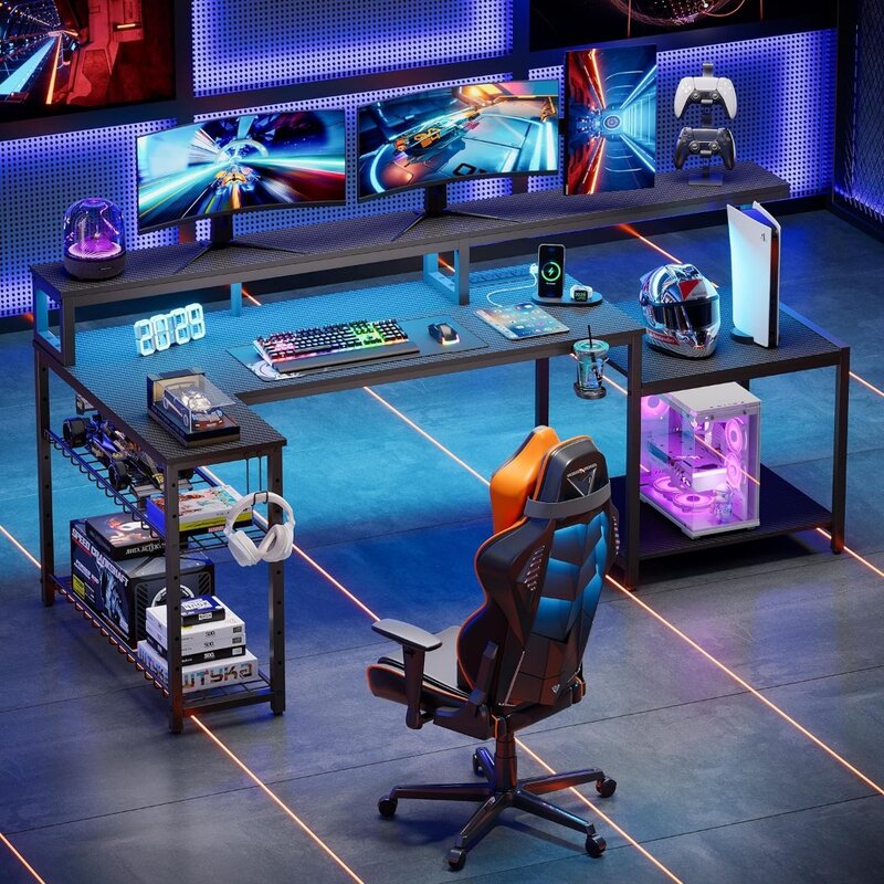 Bestier-Bureau de jeu avec prises de courant, bureau d'ordinateur 71.5 LED avec support de moniteur long, grand bureau d'angle en forme de L