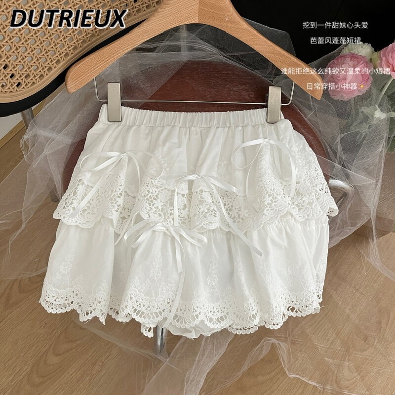 French Style Sweet Cute Girls Bow Lace Cake Short Skirts Summer White Puff Female Temperament High Waist A- Line Mini Skirt