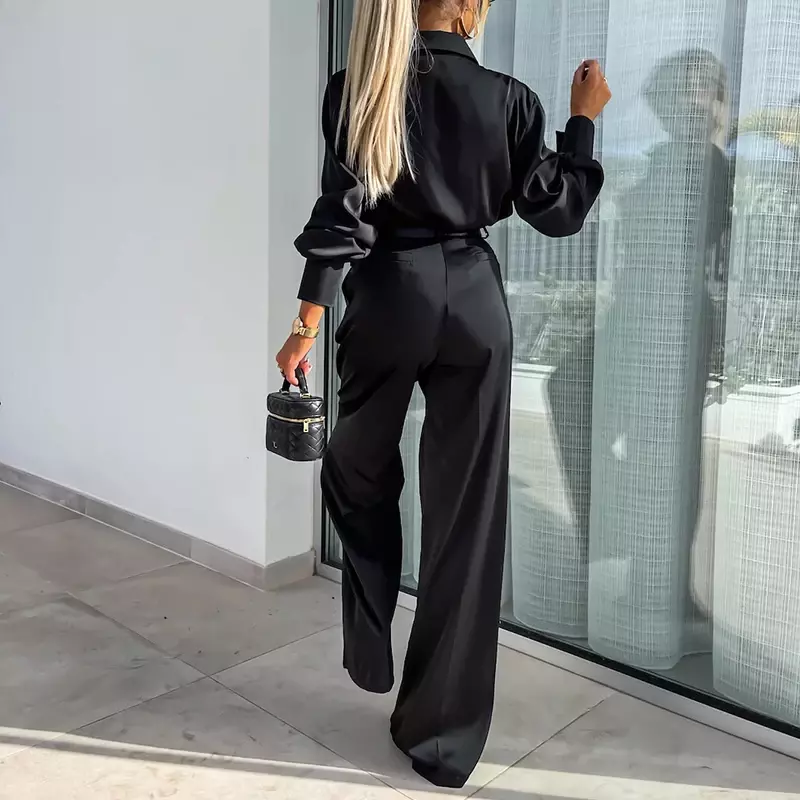 Elegant Women Group of Pants Set 2024 Lady Lapel Button Shirt Top&Button Trousers Outfit Solid Long Sleeve Two Piece Office Suit