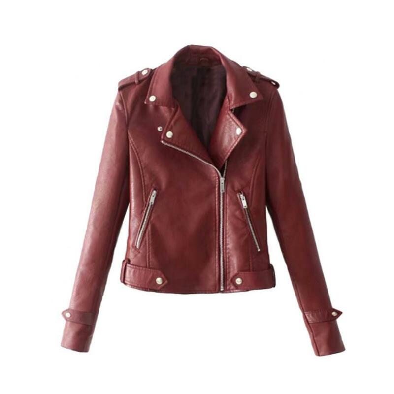 Abrigo de manga larga para mujer, chaqueta con solapa de Color sólido, abrigo de piel sintética para motocicleta, abrigo con cremallera