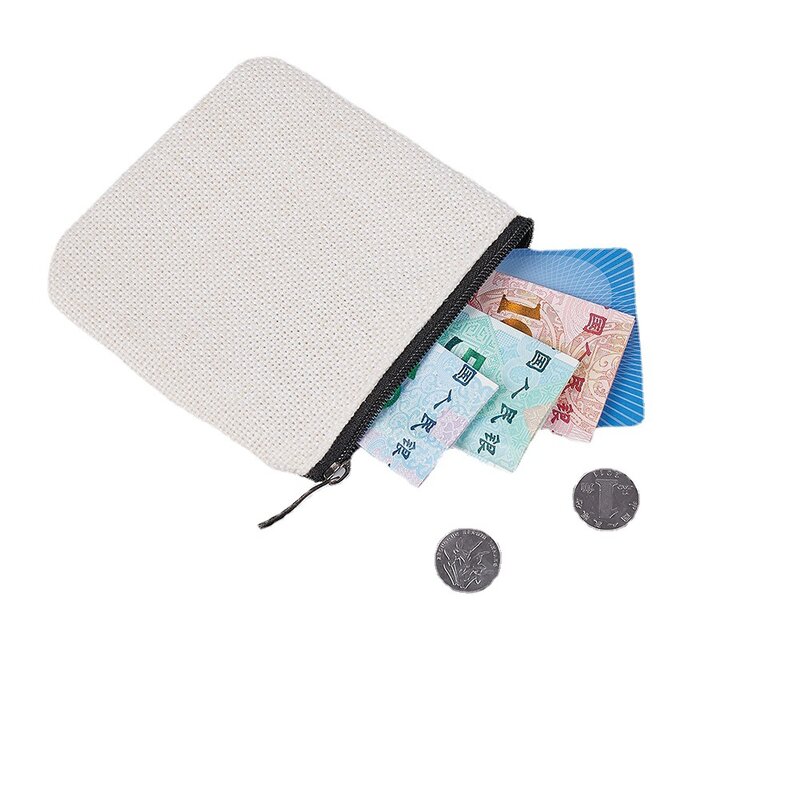 Bolsa de monedas de lino con cremallera, sublimación térmica en blanco, transferencia de calor, patrón personalizado, bolsa de almacenamiento, bolsa de cosméticos pequeña, 10x10cm