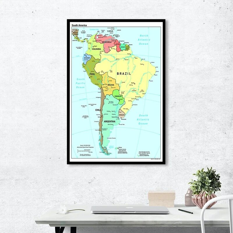 Mapa político da américa do sul 60*90cm, em inglês, pintura em tela, pôster de arte de parede, decoração de casa, material escolar