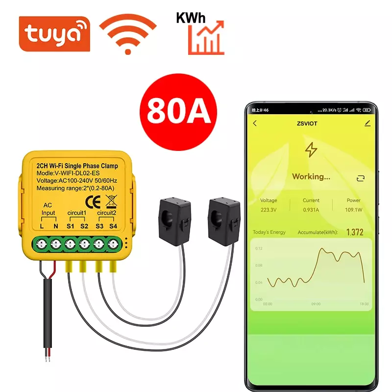 Tuya WiFi On-off Controller 80A Energy Meter Current KWh Power Electricity Statistics Monitoring Device for Alexa Google Home
