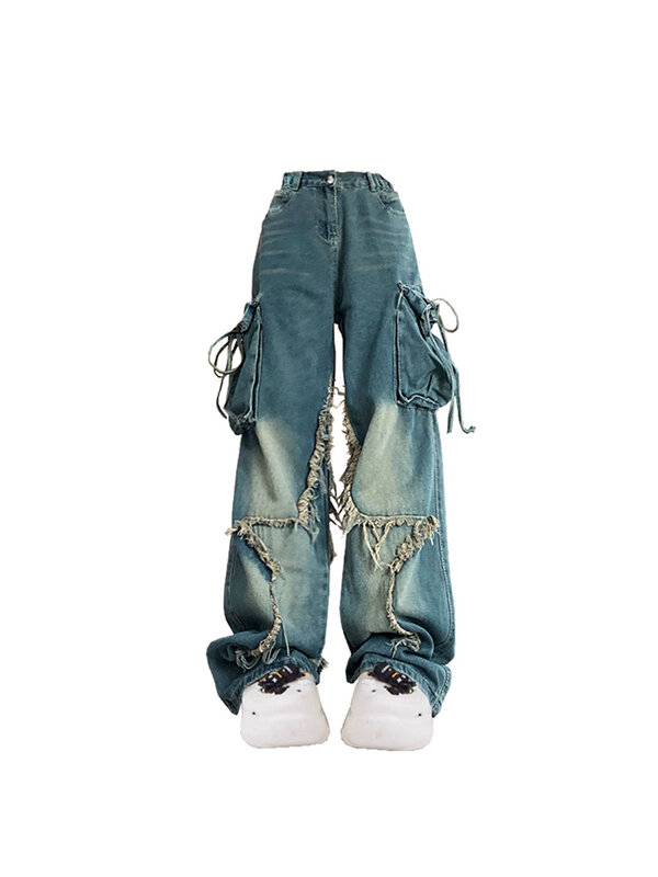 Damskie niebieskie dżinsy Cargo workowate w stylu Vintage z lat 90. Estetyczne spodnie z kowbojskie spodnie Harajuku z lat 2000. 2024