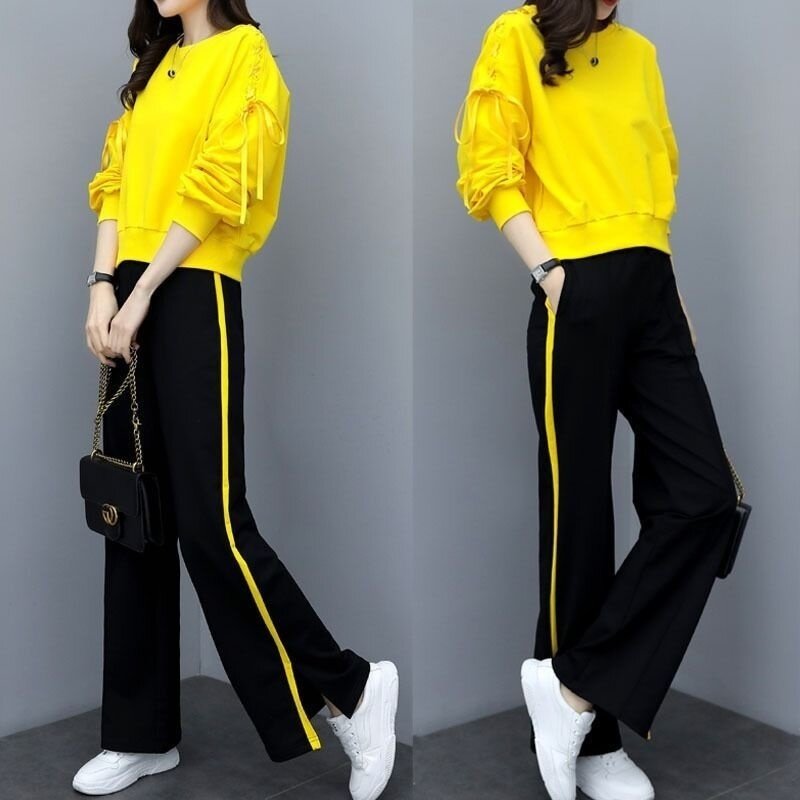 Women's Spring Autumn Fashion Sportswear Suit 2023 New Loose And Slim Casual Sweater Tops Wide Leg Pants Two Piece Set For Women
