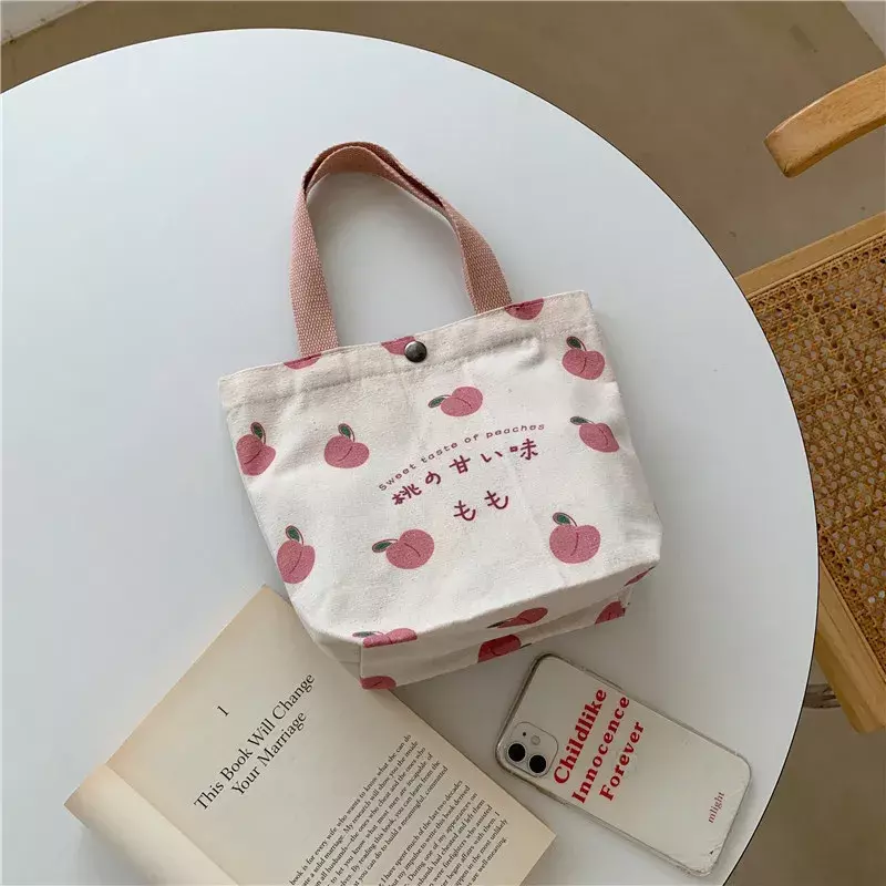 GCE4-Small Canvas Bag para As Mulheres, Japonês Pêssego Mão Lunch Bag, Coreano Mini Bolsas De Estudante, Pano De Algodão, Piquenique Tote, Comida
