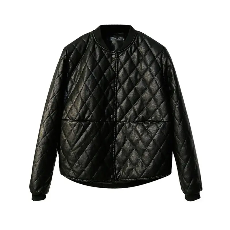 Jaqueta grossa de algodão PU feminina, jaqueta locomotiva feminina, jaqueta curta de motocicleta, couro falso, fina, moda inverno