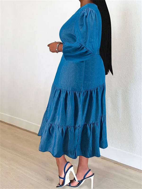 Wmstar-Robe maxi en denim grande taille pour femme, manches longues, couleur unie, mode élégante, vente en gros, livraison directe avec bandage, nouveau