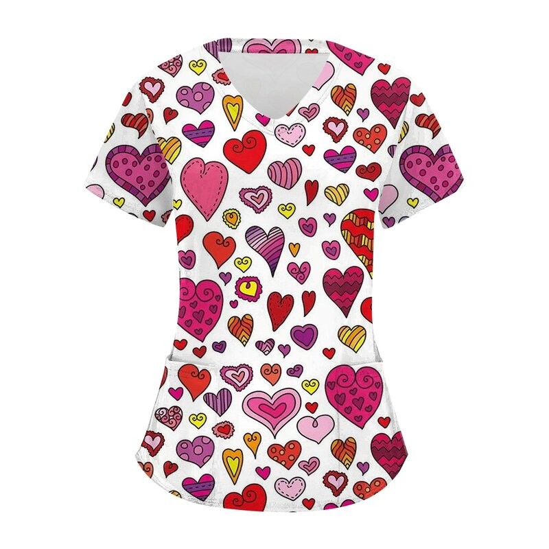 المرأة عيد الحب ممرضة تي شيرت ، طباعة ، قصيرة الأكمام ، الخامس الرقبة ملابس العمل مع جيب ، العمل ممرضة ملابس العمل ، الزي الطبي