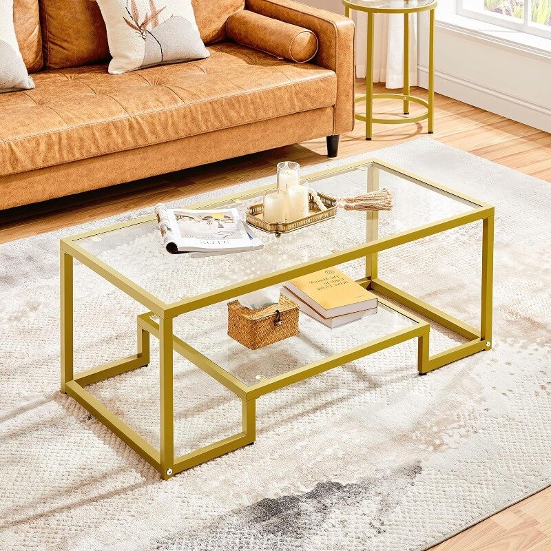 Couch tisch, Couch tisch aus gehärtetem Glas, moderner einfacher Mittel tisch mit geometrisch inspiriertem Design, Metallrahmen und einfacher Montage