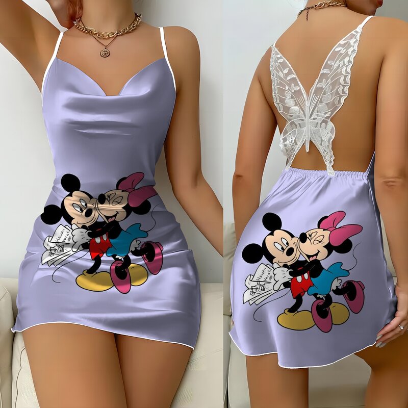 Disney-Vestido corto de Minnie Mouse para mujer, con espalda descubierta minivestido Sexy, falda de pijama de Mickey, lazo de superficie de satén, moda de verano, 2024