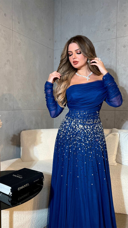 Oisslec Prom Dresses High Quality Sequin Off the Shoulder Empire Party Dress Floor Length Long Sleeve Ruched Formal Evening Gown