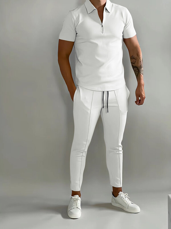 Nowy jednolity kolor męska garnitur lato dorywczo koszulka Polo z krótkim rękawem koszula łydki spodnie i dla mężczyzn Streetwear męskie 2-sztuka zestaw