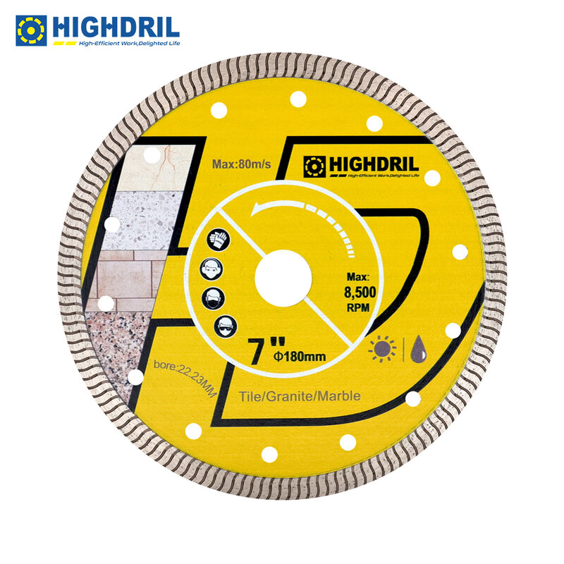 HIGHDRIL Saw Blade Diamond Tools S Ripple Saw Web 1pc Dia180mm/7inch For Angle Grinder Granite Ceramic Tile Marble Cutting Disc