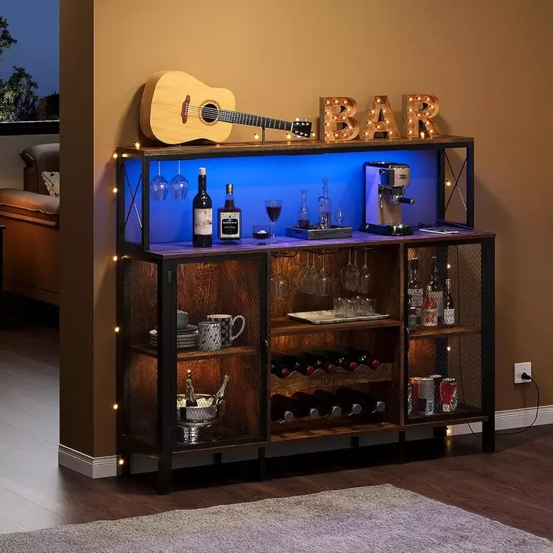 Armoire de bar d'angle domestique, armoire de bar à vin avec prise de courant, cave à vin de bar avec lumières LED RVB pour armoires à vin de salle à manger