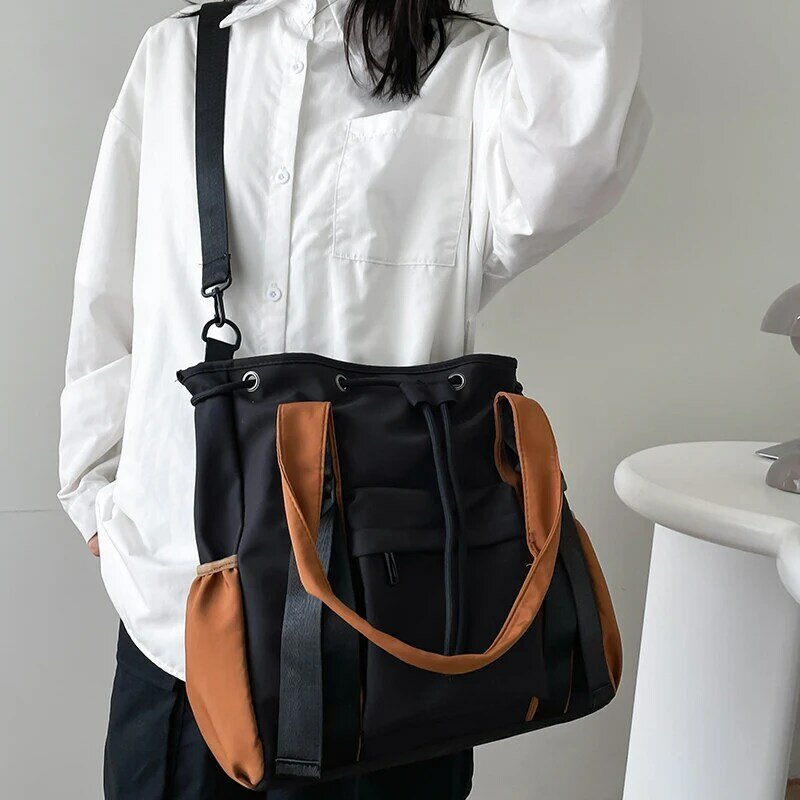 Splash-proof Nylon Fabric Shoulder Crossbody Bags For Women Multi-pocket Drawstring Tote Bag Large Capacity Student Book Handbag