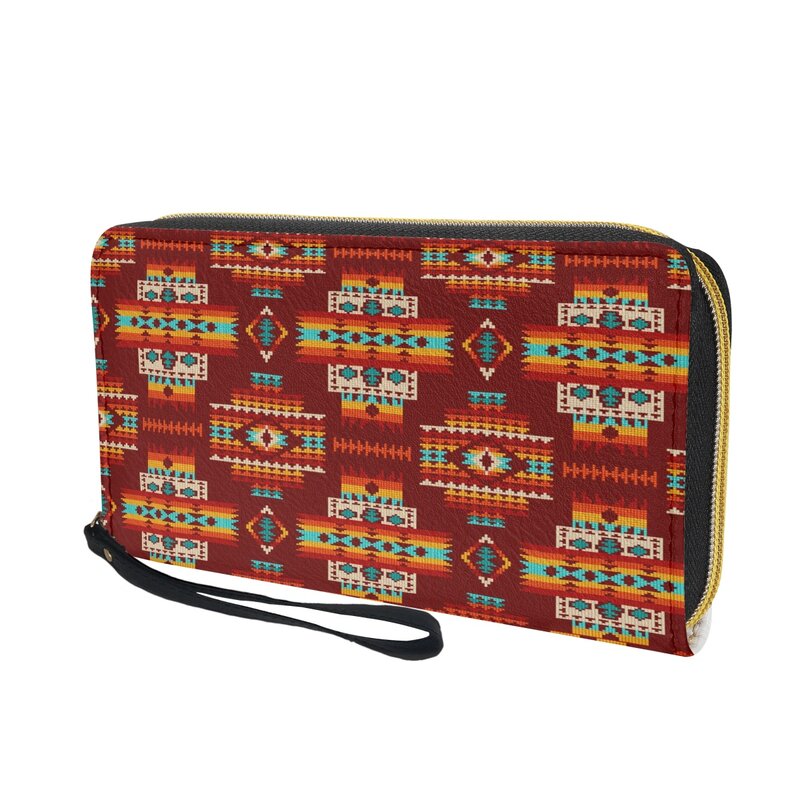 Cartera de cuero con patrón rojo Tribal para mujer, monedero largo con cremallera, tarjetero de viaje multifunción, bolsos de efectivo para niñas