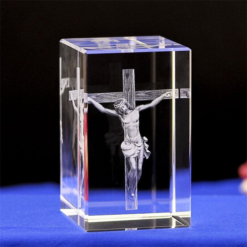 Mini K9 Crystal 3D Laser Sculpture Cube Christian Jesus Cross Figurine Virgin Mary Religious beliefs Office Desk Car Home Decor