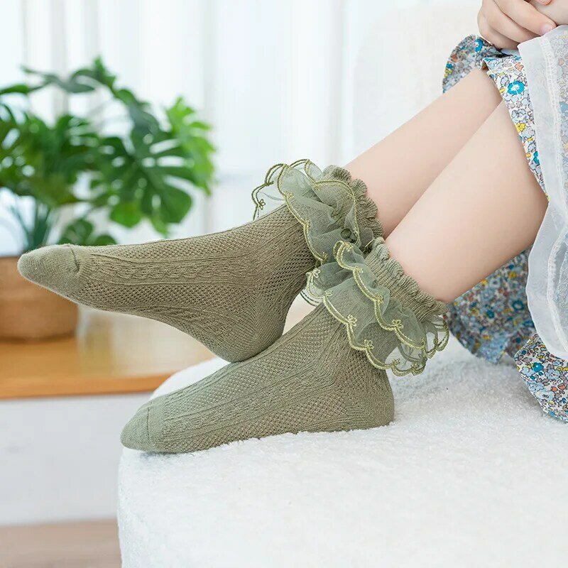 Meias de renda plissada estilo japonês para mulheres, meias Harajuku, meias macias e respiráveis de algodão, meninas, cor sólida, 1 par