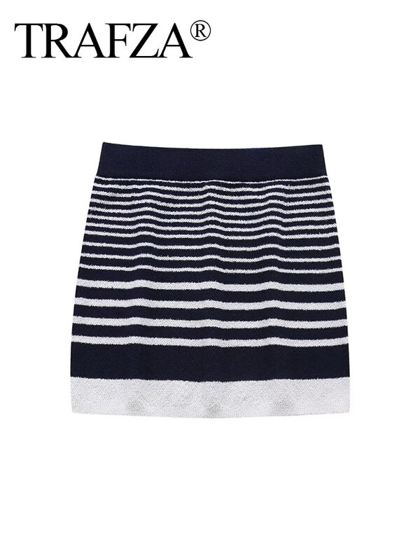 TRAFZA 2024 Summer Woman Striped Set Knitted O Neck Slim Pullover Top + High Waist Wild Chic Streetwear Women's Mini Skirt
