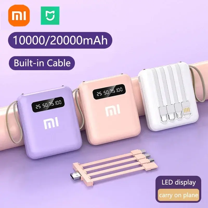 MIJIA-Mini Power Bank com 4 Cabos, Bateria Externa para Telemóvel, Carregador para iPhone, Samsung, Huawei, Xiaomi, 20000mAh, Novo