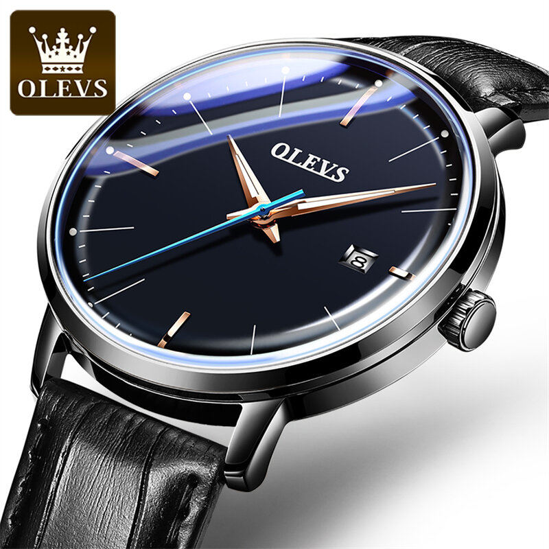 OLEVS-Relógio Impermeável Mecânico Masculino, Pulseira de Couro, Relógio Calendário, Moda Luxo, Marca Top