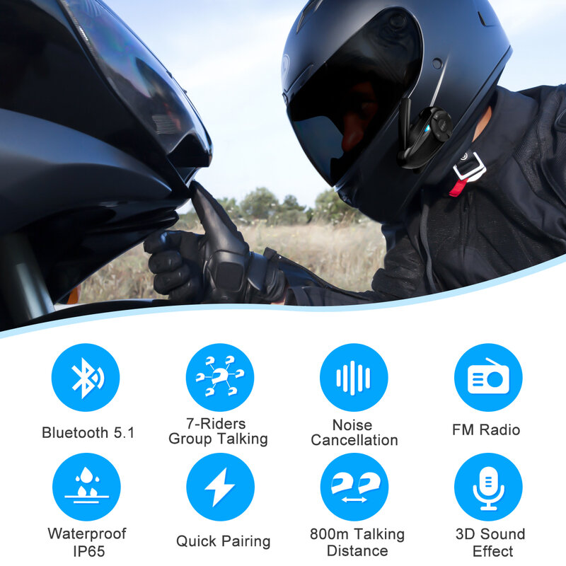 EJEAS Q7 Motorcycle Bluetooth Intercom Walkie Talkie, with 1 Cut 6 ,Moto Headset ,Helmet Interphone for 7 Riders Group Talking
