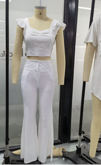 2024 New Fashion Pants Set per le donne Sweetheart Neck Flutter Sleeve Zip Back Top e pantaloni giornalieri a vita alta con bottoni