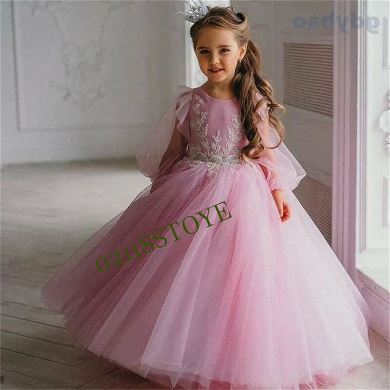 Flower Girl Dresses Pink Delamination Weddings Tulle Princess Kids Little Bride Bow Evening Party First Communion Children Puffy