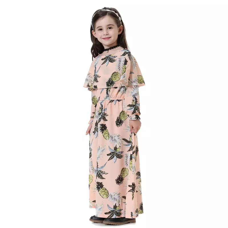 Gaun kasual anak perempuan Kaftan Islam kerah persegi anak-anak bunga Ramadan Maroko Arab Ruffles gaun manis longgar cetak