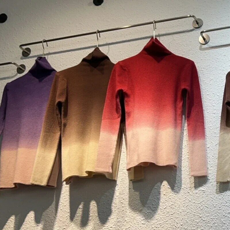Sweter gantung celup wanita musim gugur dan musim dingin, Sweater modis warna Patchwork Turtleneck kasual rajut Slin Fit Pullover 29587