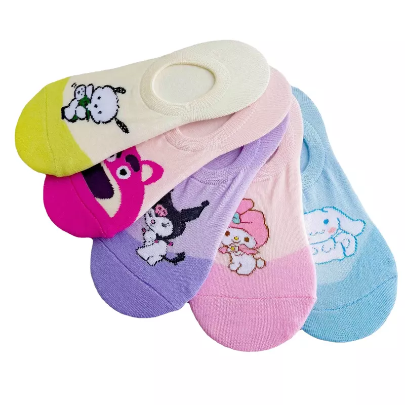 Sanrio Hello Kitty 1คู่, ถุงเท้าการ์ตูนน่ารักลาย My Melody Cinnamoroll เด็กหญิงถุงเท้าที่มองไม่เห็นถุงเท้านักเรียน kado untuk sahabat