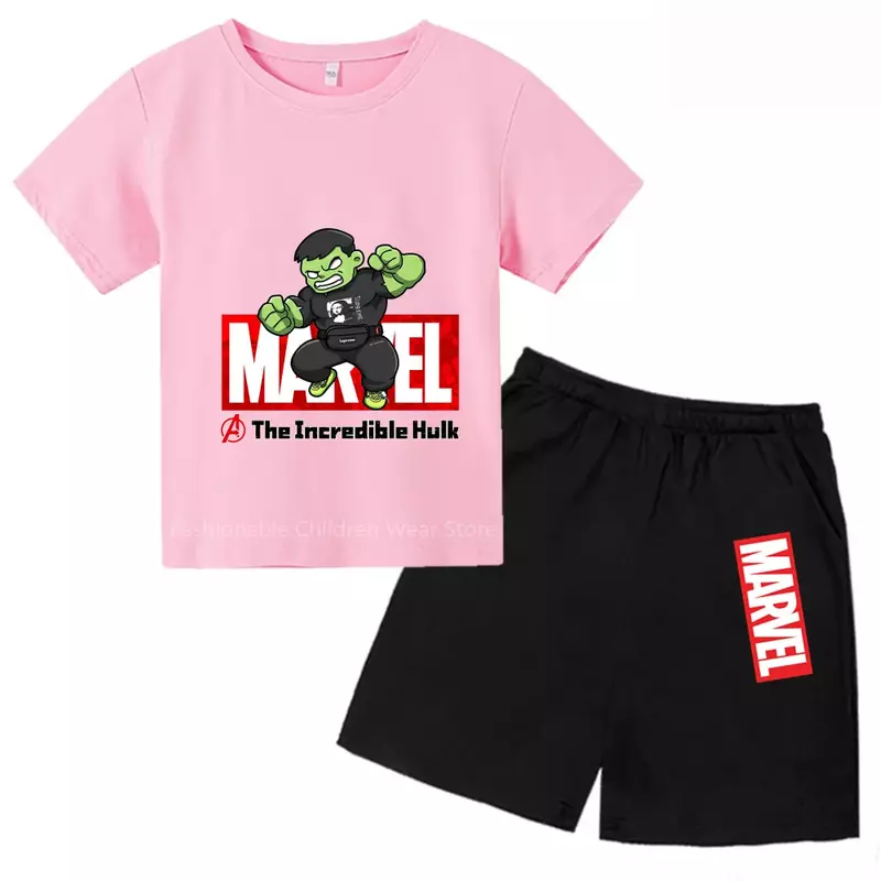Fun Marvel Avengers Q-Edition Hulk Cartoon Kinder T-Shirt und Shorts Set-cool & modisch für die Freizeit im Freien