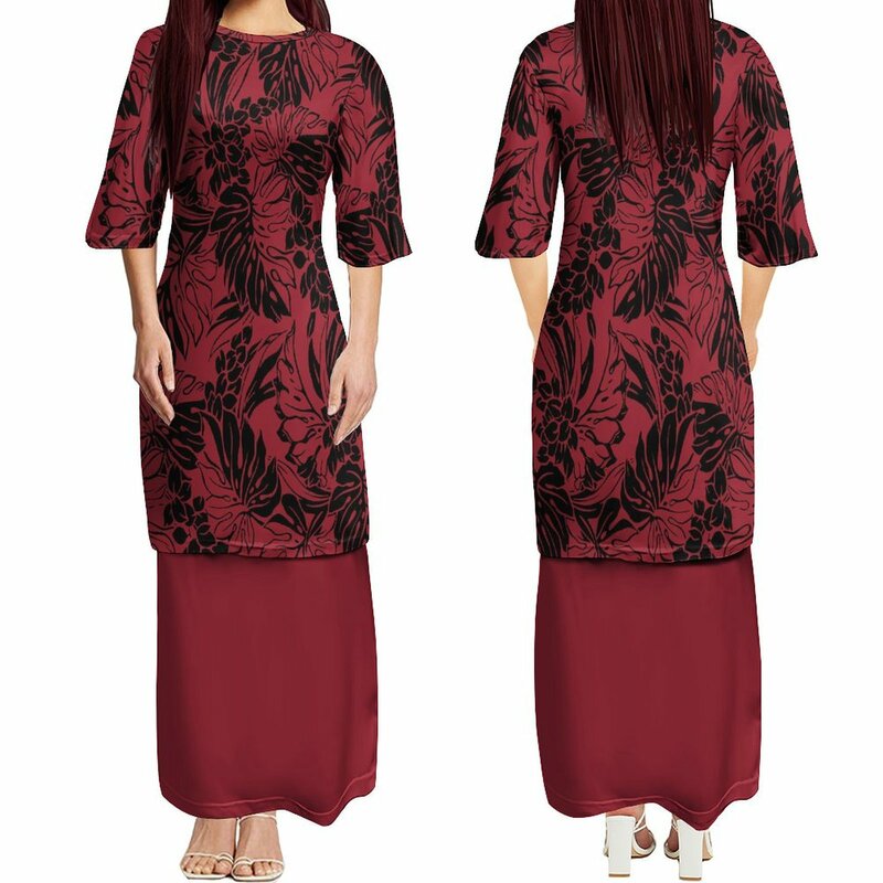 Fato de manga média feminino, vestido tradicional samoano, moda de festa à noite, design de tribos polinésias, verão