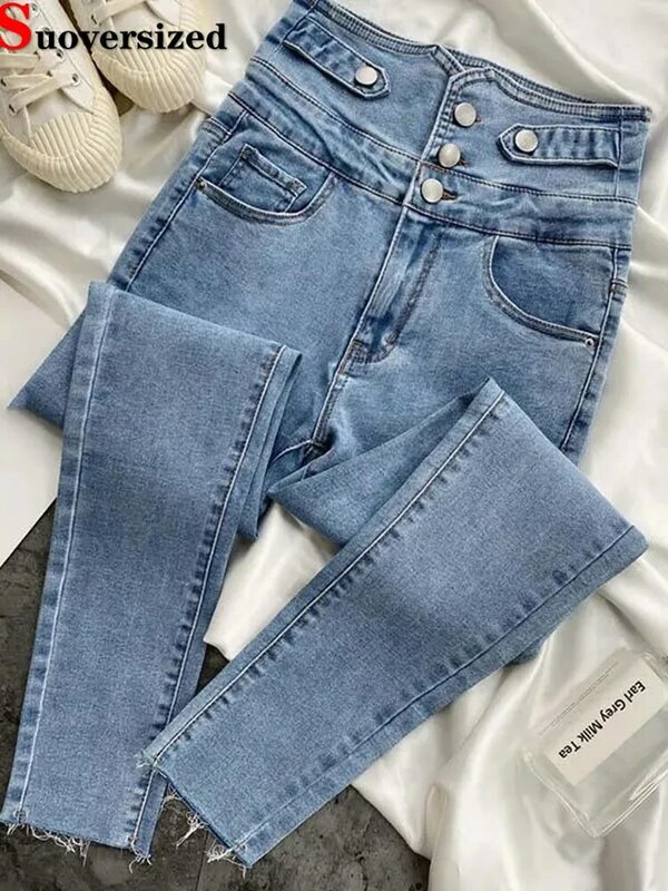 Celana Jeans pensil wanita pinggang tinggi desain Chic celana Denim antik melar Skinny Korea kasual Streetwear panjang pergelangan kaki Pantolon