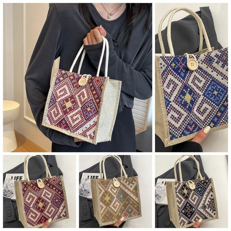 Embroidery Ethnic Style Canvas Bag Print Portable Printing Cloth Lunch Bag Tote Bag Large Capacity Linen Handbag Female/Girls