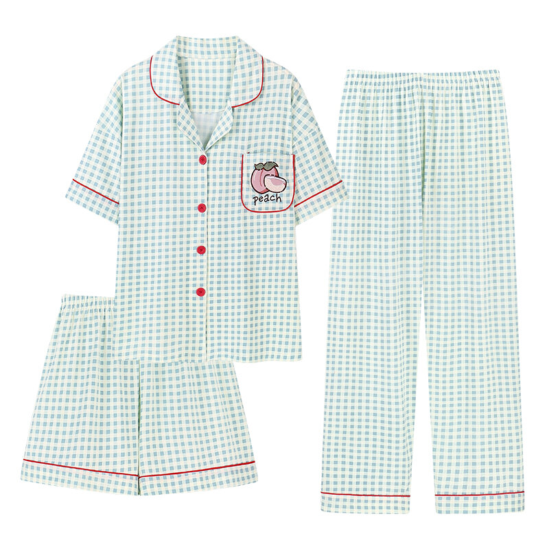 Conjunto modal de pijamas de algodão com três peças para mulheres, shorts, calças compridas, cardigãs, pijamas femininos, verão