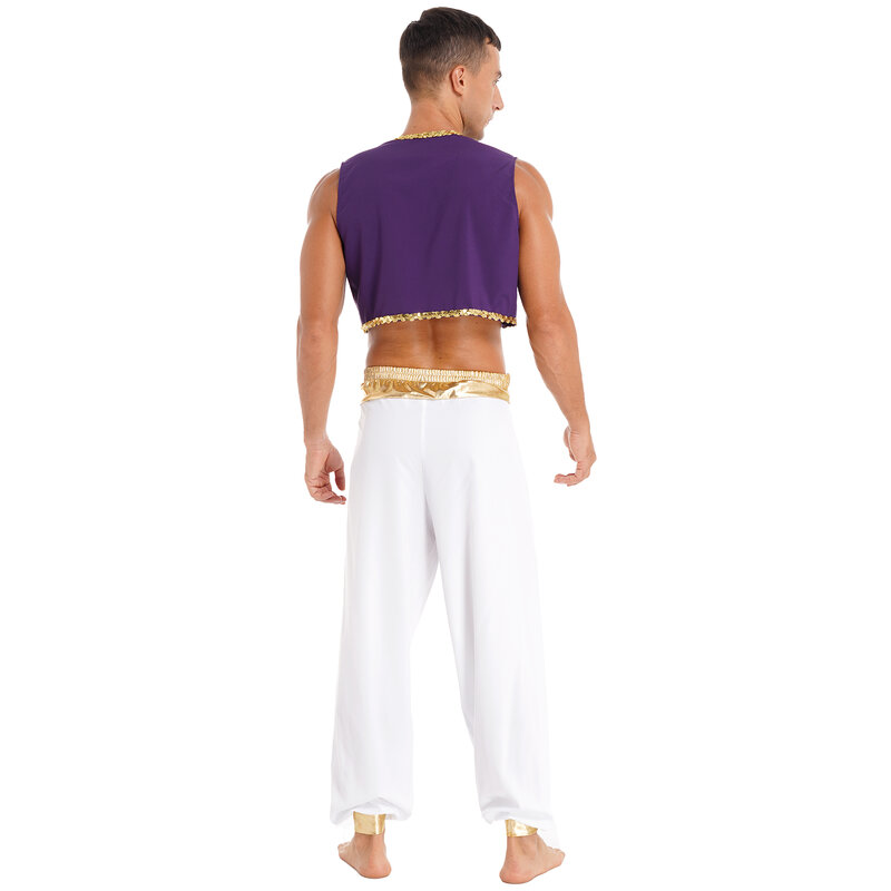 Disfraz mítico de Príncipe Aladin para hombre, traje de fiesta con lentejuelas de Cosplay, chaleco con cinturón y pantalones