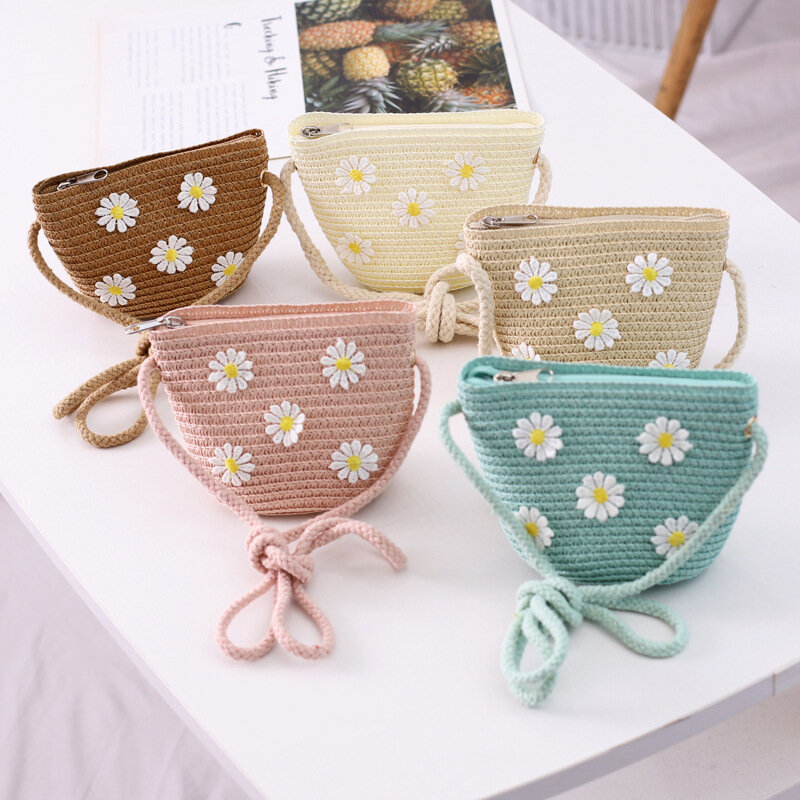 New 2023 Summer Children Girls Shoulder Bag Daisy Flower Straw Bag Messenger Bag Kids Keys Coin Purse Cute Princess Mini Handbag