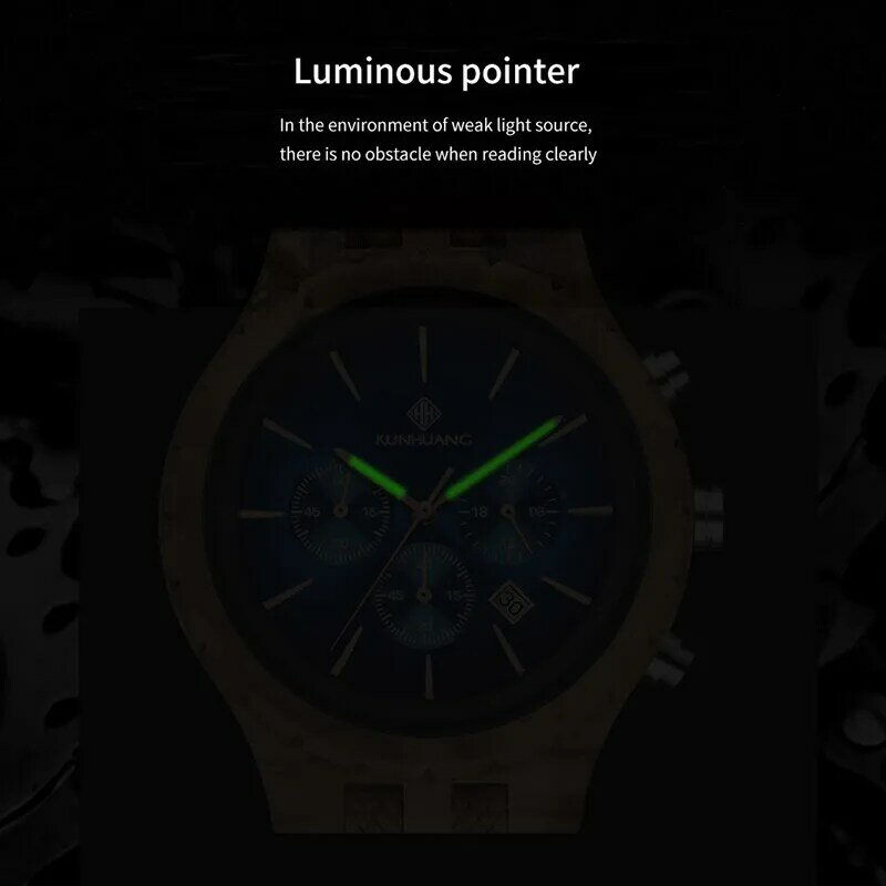 KUNHUANG 수제 나무 시계 다기능 다이얼 남성 쿼츠 시계 Luxury Luminous Chronograph Custom Logo relógio masculino