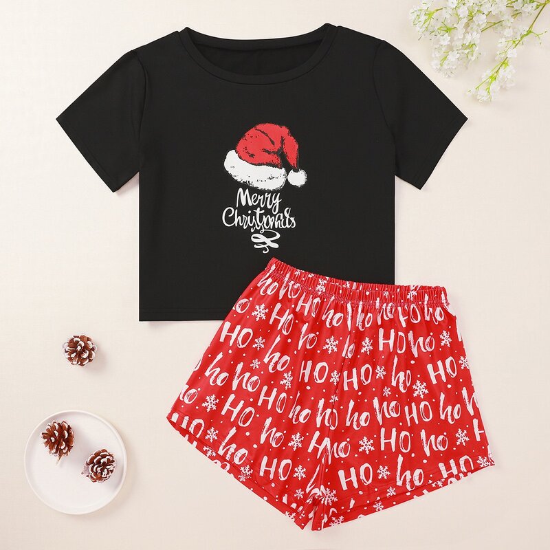 New Santa Hat, Merry Christmas English Print, Women's Black T-Shirt, Shorts, Home Pajamas, 2 Sets, S M L XL Size