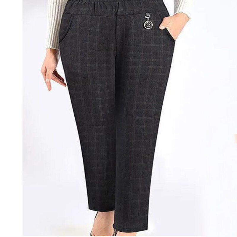 Wiosna jesień moda Trend w paski spodnie Plus Size kobiety ponadgabarytowych proste luźne kieszenie Plaid spodnie damskie 8XL ubrania damskie