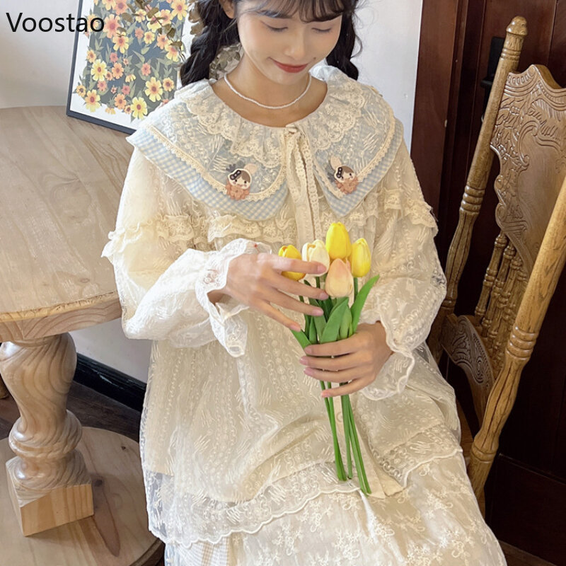 Vintage Sweet Lolita camicia Mori Girl Style Kawaii Cartoon Peter Pan Collar camicette a maniche lunghe donna Cute top Blusas Mujer
