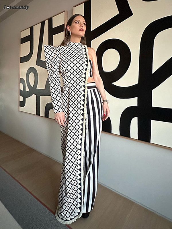 Sexy Asymmetrical Printed Pants Suit Elegant Single Shoulder Full Sleeved Long Top Set Spring Lady Fashion Streetwear Outfits