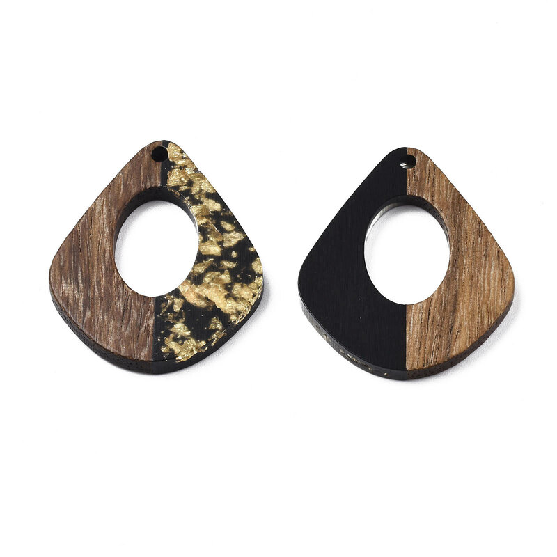 20pcs Resin Waxed Walnut Wood Pendants Charms with Gold Color Foil Teardrop for Jewelry Making DIY Bracelet Necklace