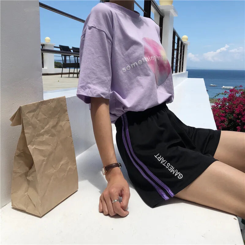 Shorts casual loose letter embroidered stripes stretch waist fashion summer sweatpants
