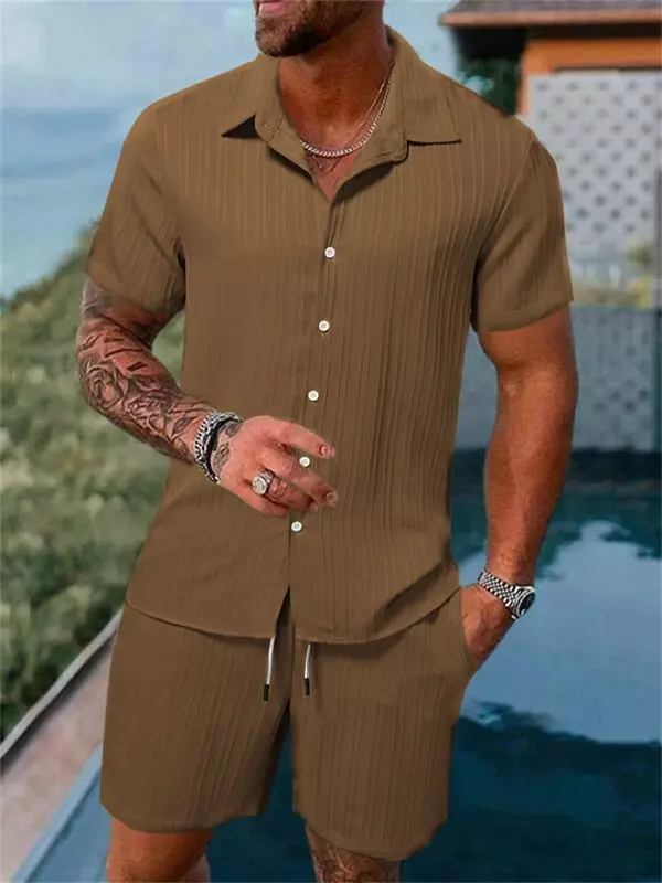 Terno masculino de manga curta de algodão e linho, shorts de praia casual extragrandes, cor sólida, roupa de rua verão